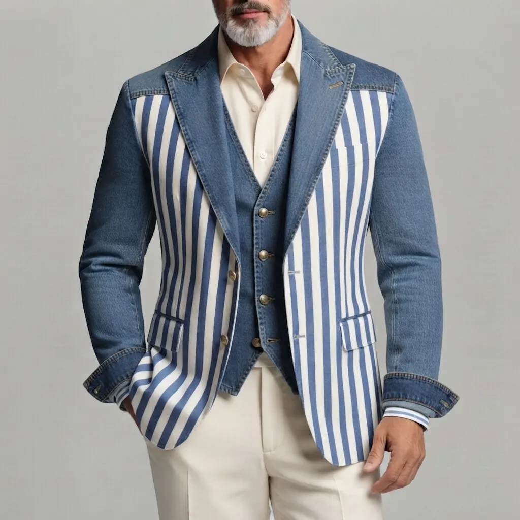 Men's Stylish Contrast Striped Print Peak Lapel Slim Fit Denim Blazers