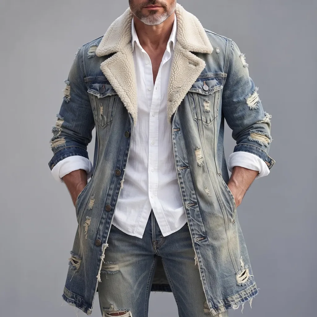 Men's Retro Distressed Washed Denim Ripped Contrast Sherpa Collar Single Breasted Trench Coat