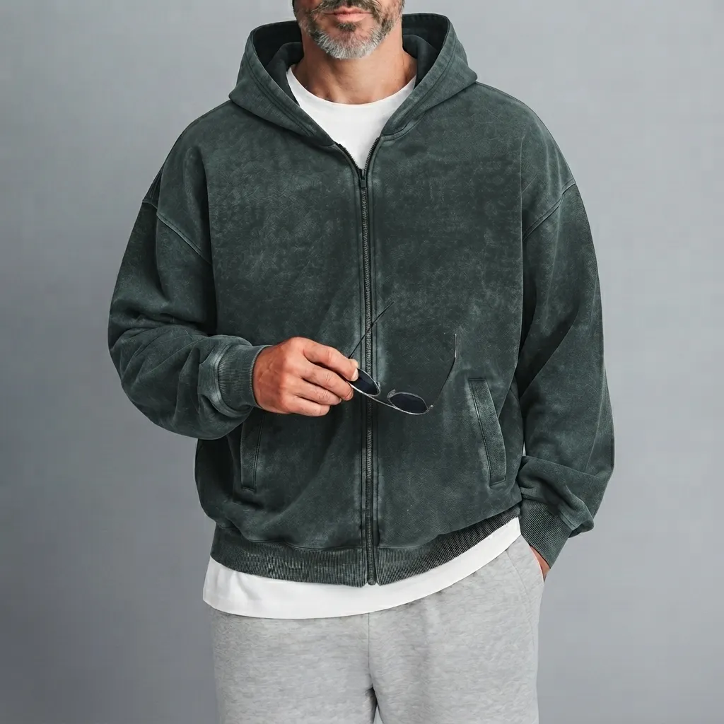 Men's Solid Color Slant Pocket Washed Distressed Loose Fit Hooded Zipper Jacket
