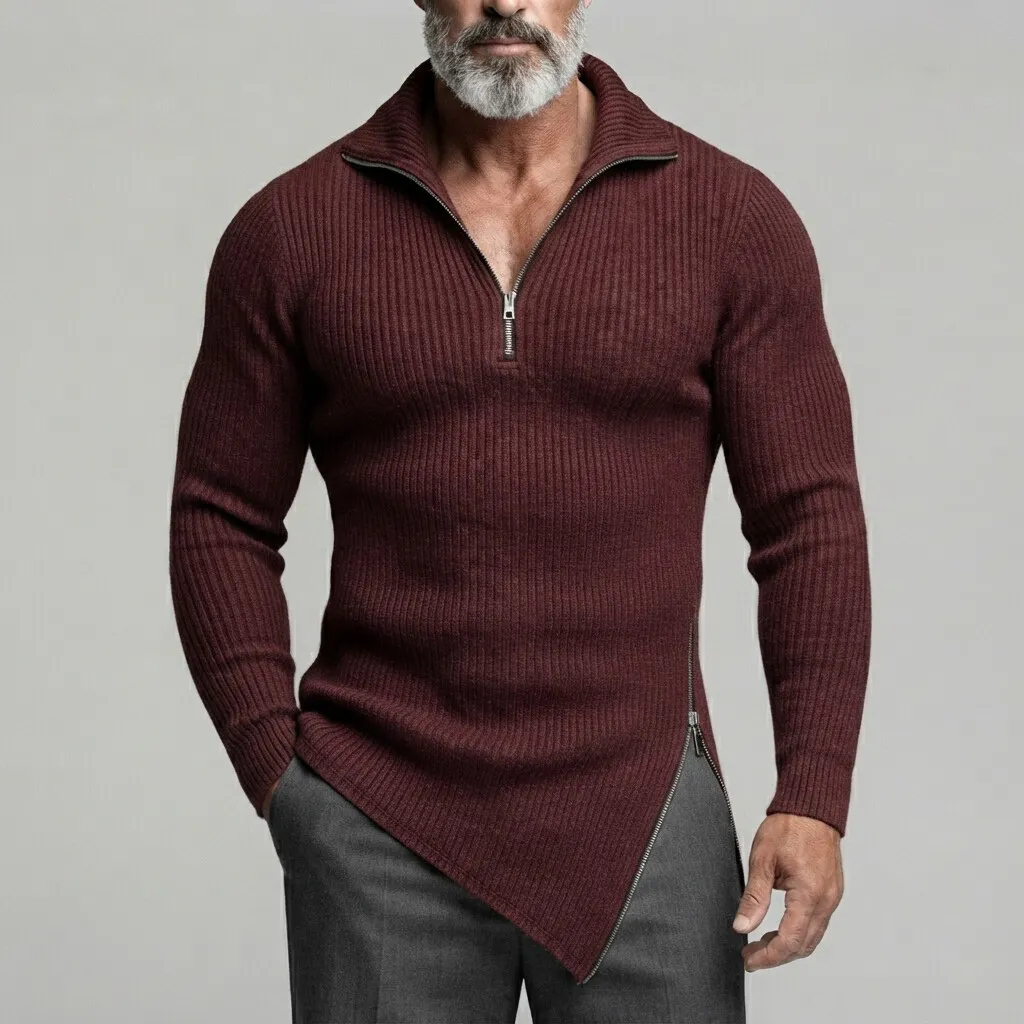 Men's Ribbed Knitted Solid Color Irregular Hem Zipper Slim Fit Long Sleeve T-Shirt