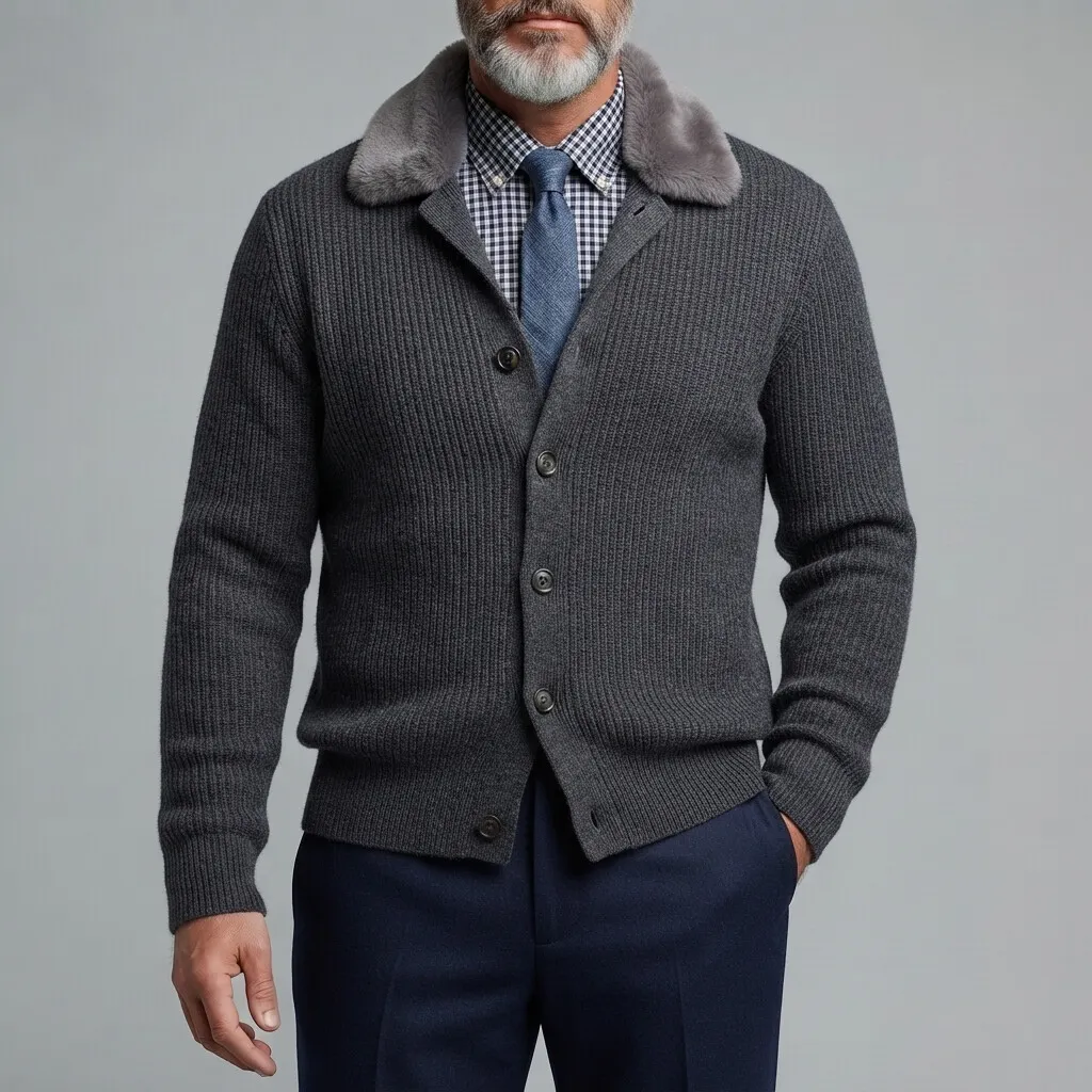 Men's Dark Gray Fuzzy Collar Single Breasted Ribbed Knitted Slim Fit Cardigan