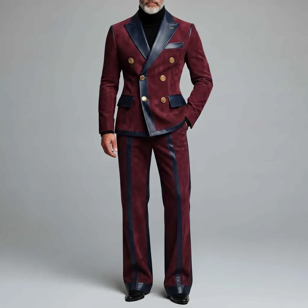 Men's Burgundy Suede PU Leather Patchwork Peak Lapel Double-Breasted Blazer & Pants 2Pcs Suit