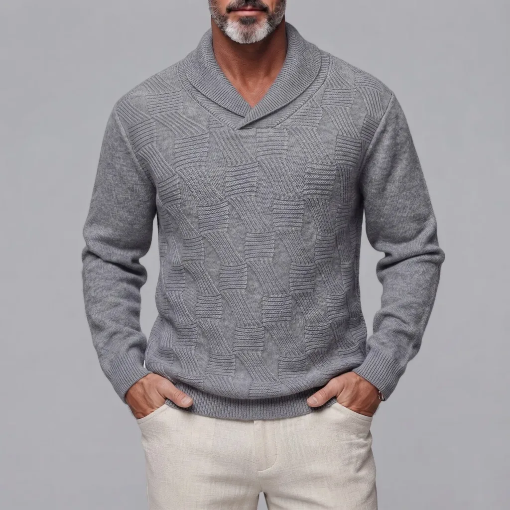 Men's Solid Color Geometric Textured Shawl Collar Knitted Pullover Sweater