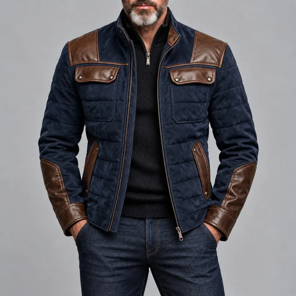 Men's Navy Blue Suede Patchwork PU Leather Stand Collar Quilted Stitching Zipper Warm Jacket
