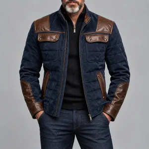 Men's Navy Blue Suede Patchwork PU Leather Stand Collar Quilted Stitching Zipper Warm Jacket