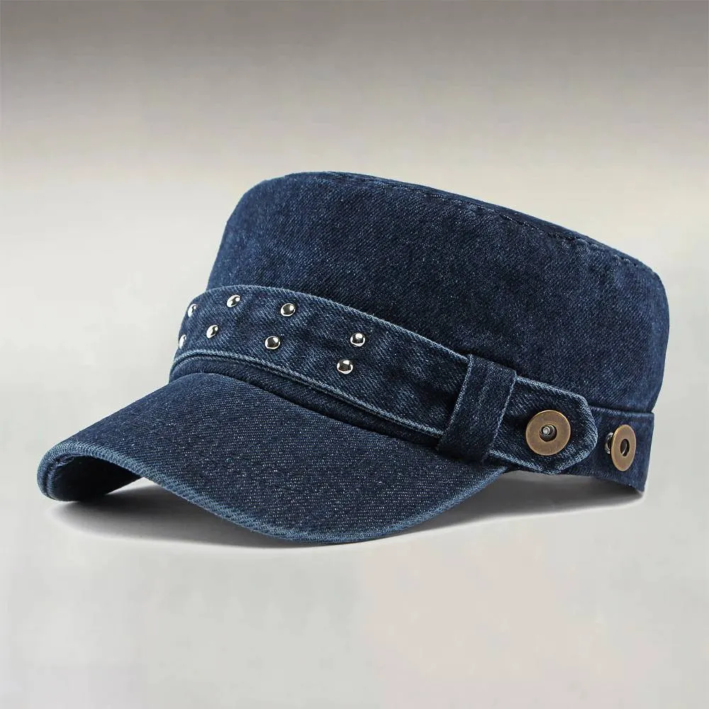 Men's Street Washed Denim Silver Studs Adjustable Buckle Flat Top Military Cap