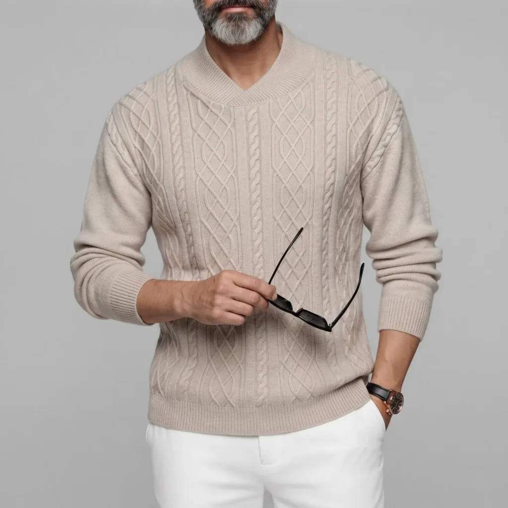 Men's Classic Solid Color Twist Cable Knit Overlap Collar Long Sleeve Pullover Sweater