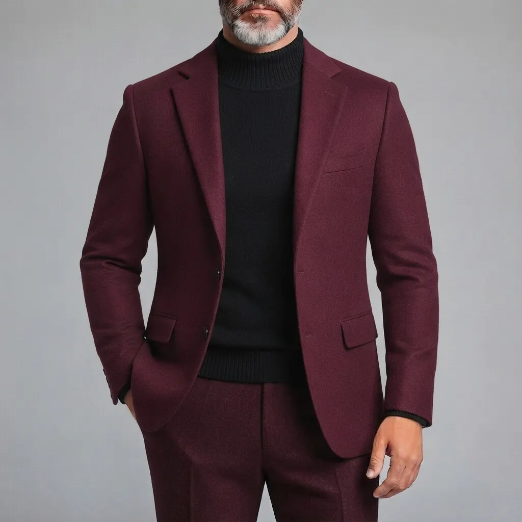 Men's Burgund Notch Lapel Single-Breasted Business Casual Slim Fit Blazer