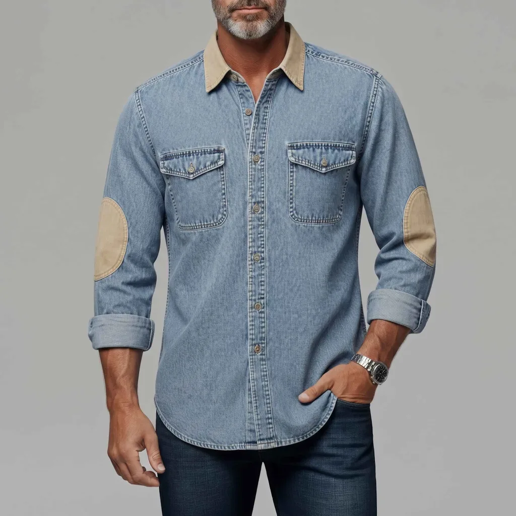 Men's Retro Patchwork Turndown Collar Chest Pocket Denim Long Sleeve Shirt