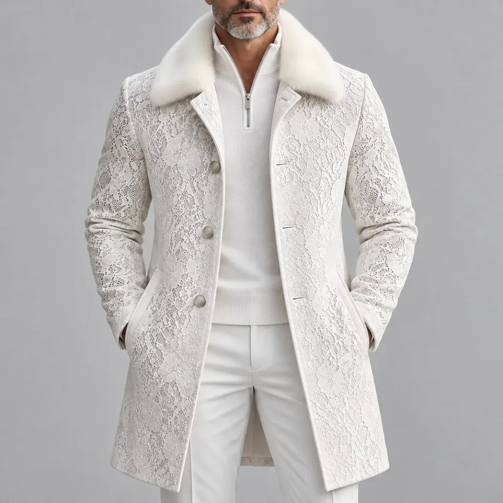 Men's Chic White Floral Lace Fuzzy Collar Slant Pocket Single Breasted Trench Coat