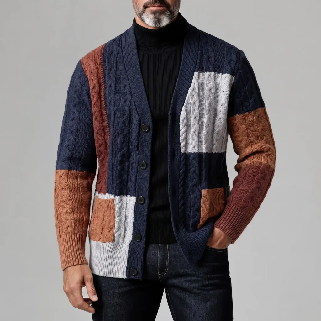 Men's Navy Blue Colorblock V Neck Pockets Single-Breasted Cable Knit Cardigan