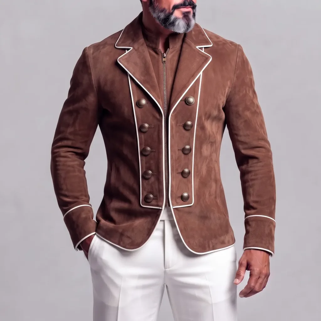 Men's Vintage Brown Suede Contrast Piping Double-Breasted Zip-Up 2 in 1 Hussar Jacket Blazer