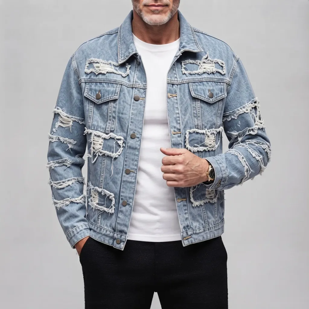 Men's Blue Flap Pocket Single Breasted Distressed Ripped Slim Fit Denim Jacket