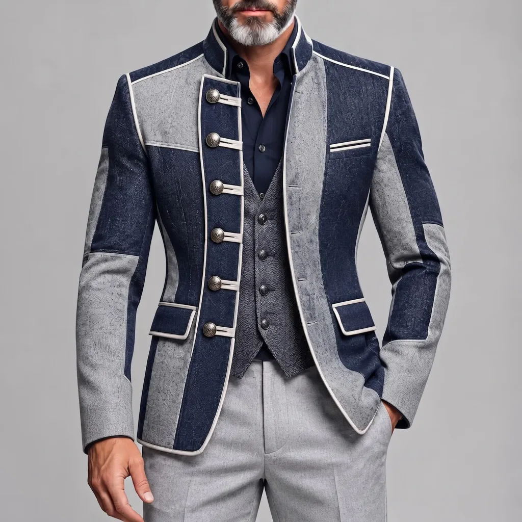 Men's Vintage Colorblock Single Breasted Contrast Piping Stand Collar Slim Fit Jacket