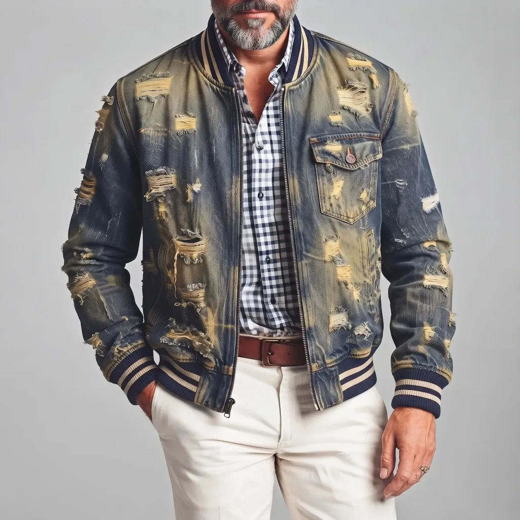 Men's Blue Vintage Distressed Ripped Pockets Washed Denim Zip-up Bomber Jacket