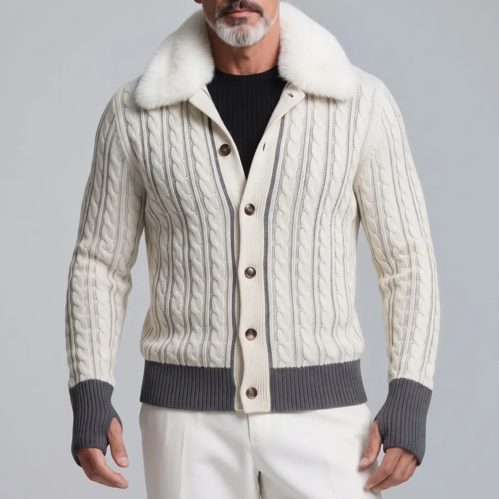 Men's Beige Fuzzy Turndown Collar Single Breasted Contrast Trim Cable Knit Cardigan