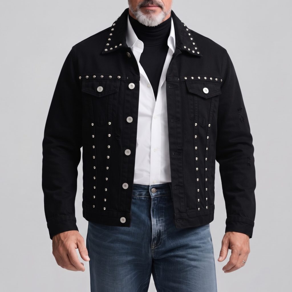 Men's Black Rivet Decor Chest Pocket Single Breasted Slim Fit Denim Jacket