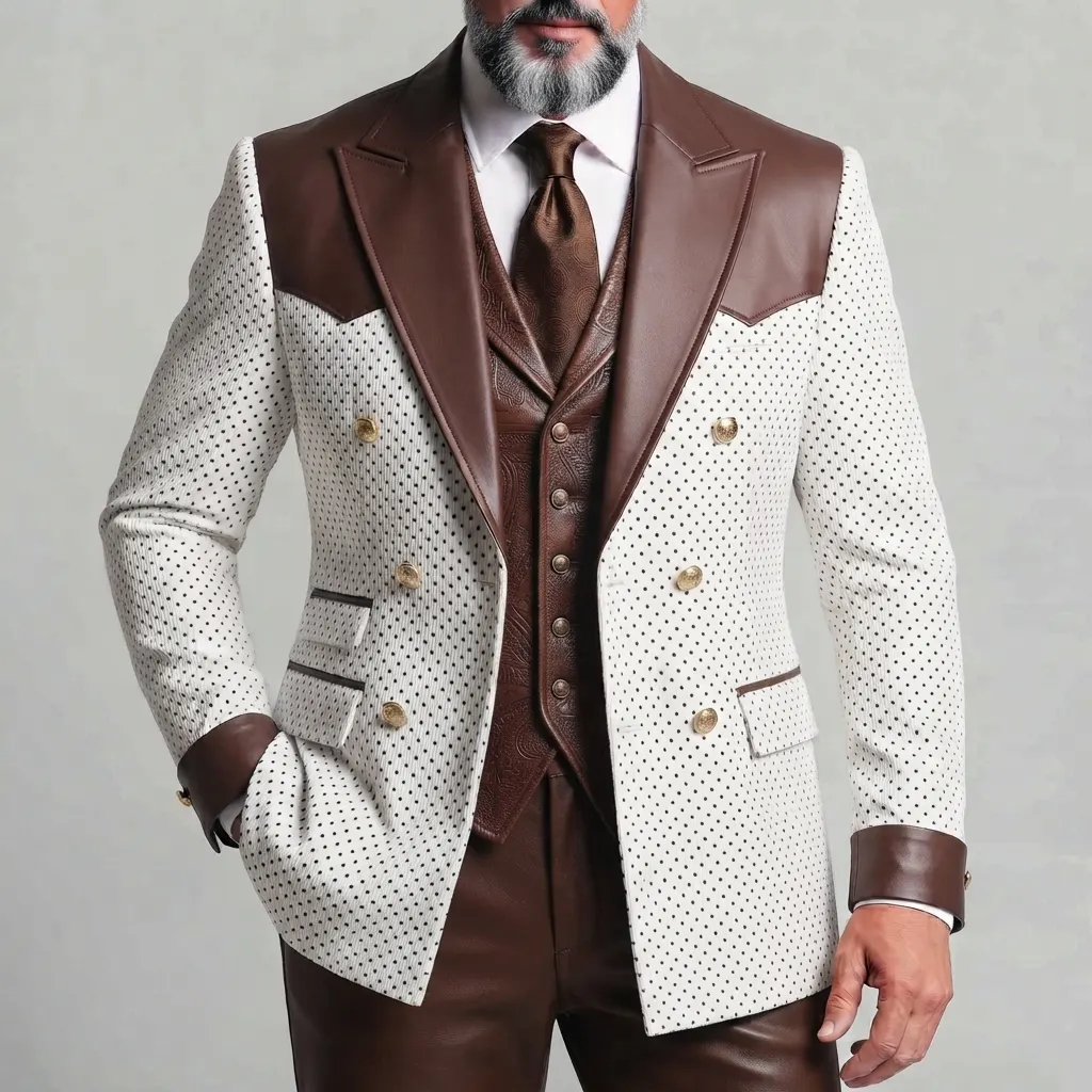Men's Stylish Polka Dot Print PU Leather Patchwork Peak Lapel Double-Breasted Slim Fit Blazer