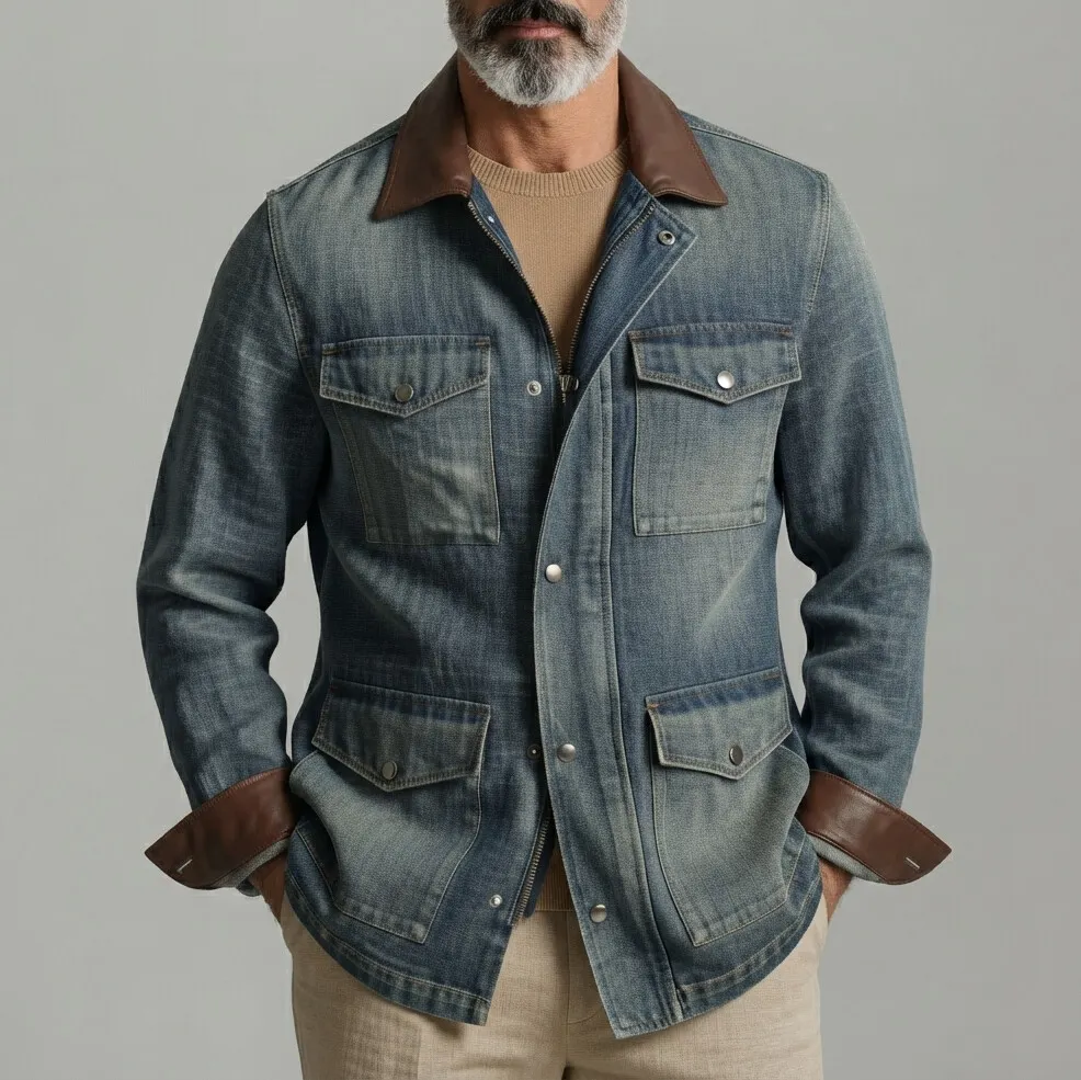 Men's Vintage Multi-Pocket PU Leather Patchwork Turndown Collar Zip-Up Denim Jacket