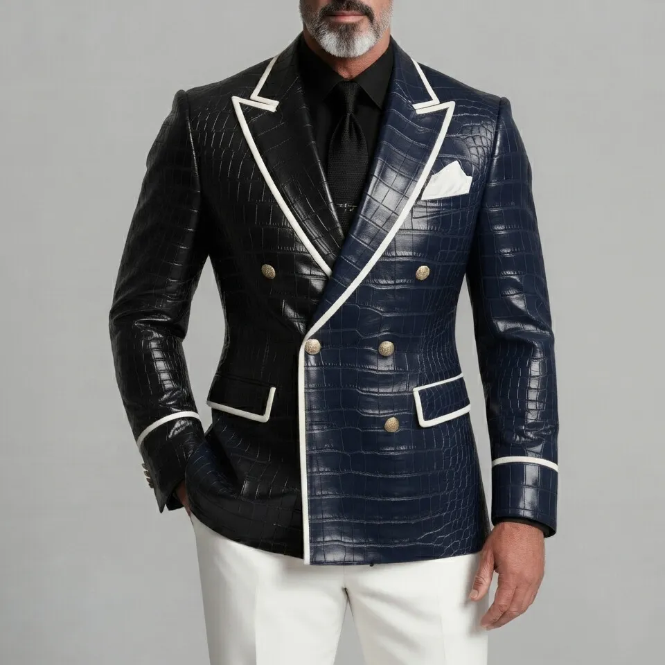 Men's Colorblock PU Leather Contrast Piping Peak Lapel Double-Breasted Slim Fit Blazer
