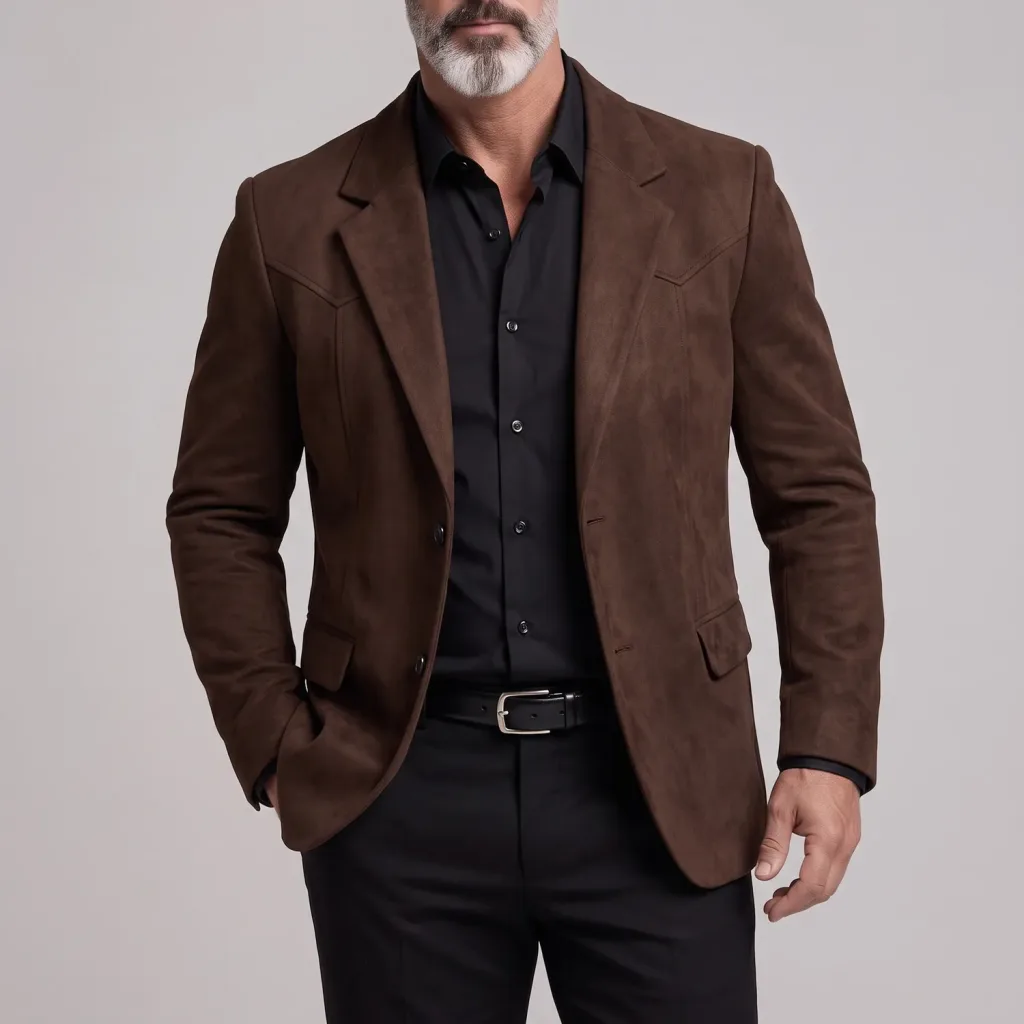 Men's Dark Brown Suede Notch Lapel Two Button Slim Fit Business Casual Blazer