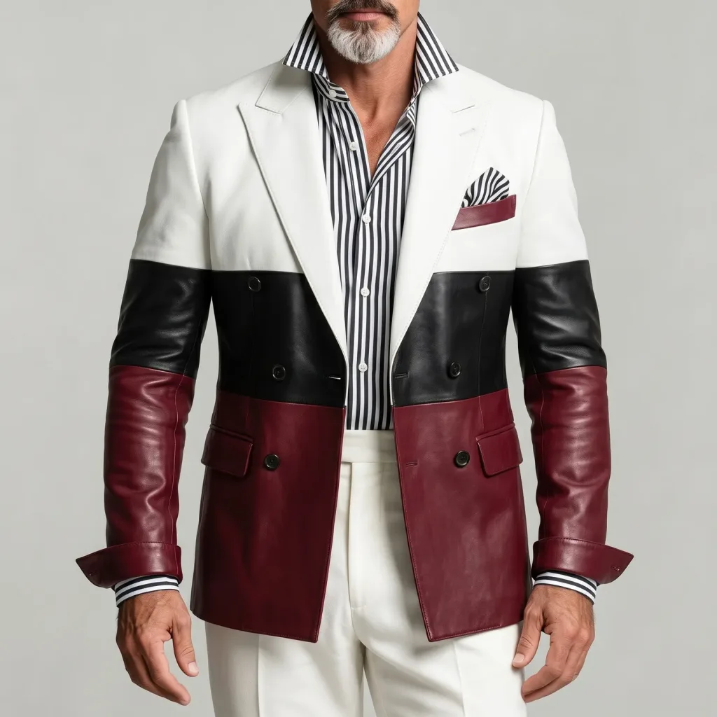Men's PU Leather Colorblock Double-Breasted Peak Lapel Slim Fit Blazer