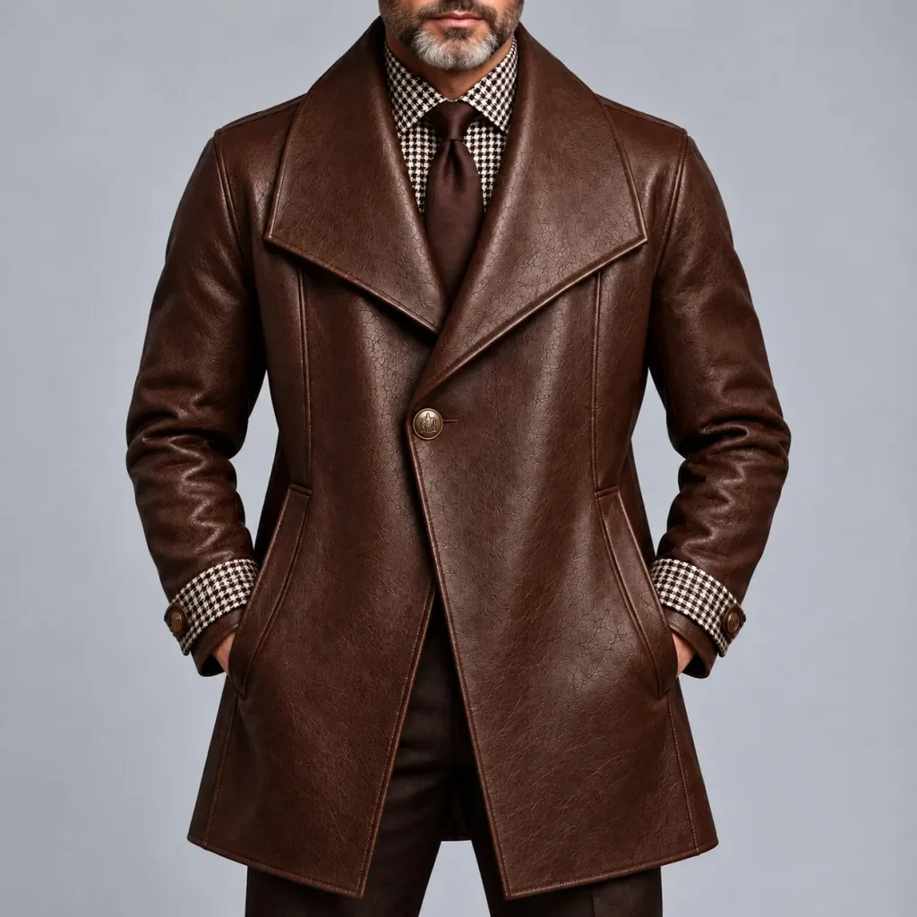 Men's Stylish Dark Brown PU Leather Lapel Collar One Button Mid-Length Trench Coat