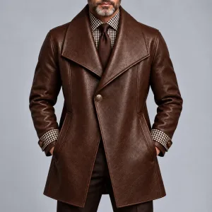 Men's Stylish Dark Brown PU Leather Lapel Collar One Button Mid-Length Trench Coat
