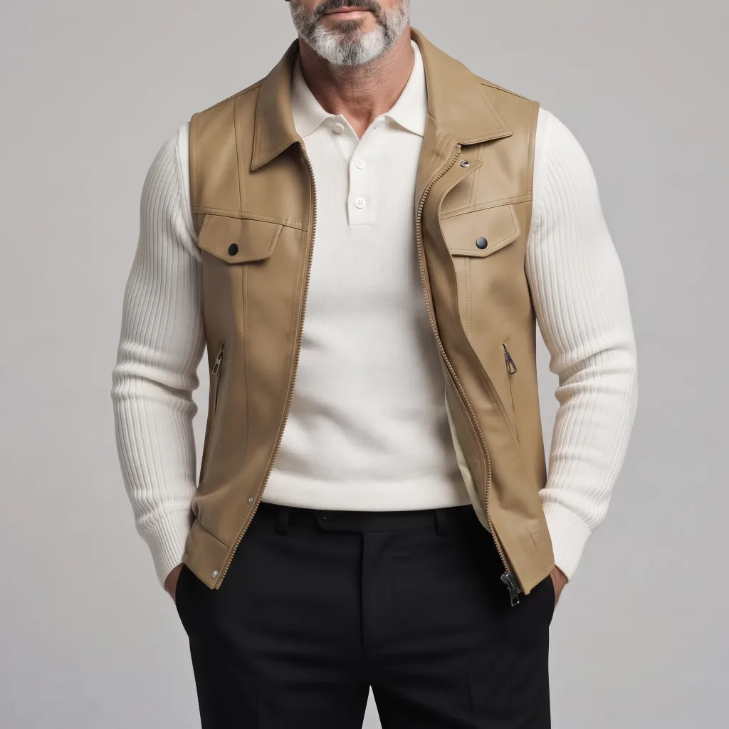 Men's Vintage Khaki PU Leather With Multiple Zipper Pockets Turndown Collar Plain Vest