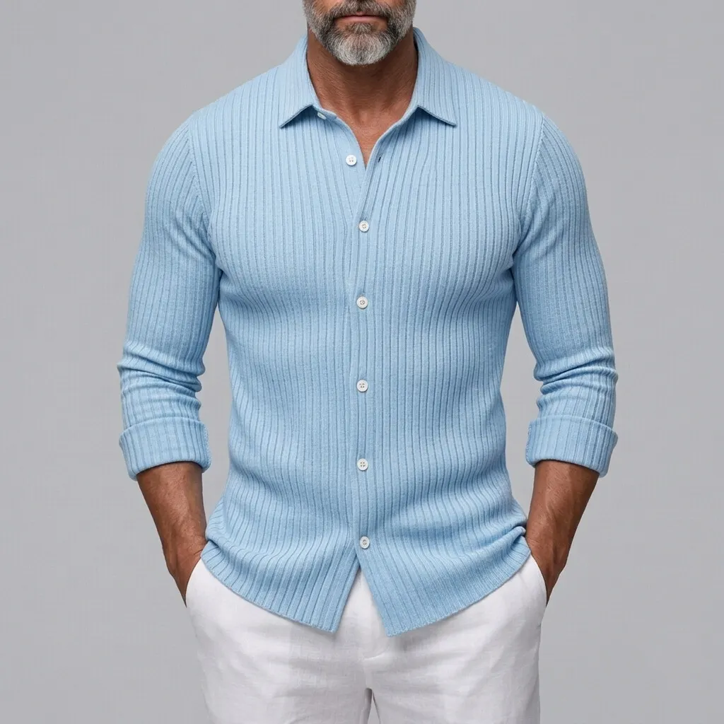 Men's Solid Color Ribbed Knit Long Sleeve Slim Fit Button Down Casual Shirt