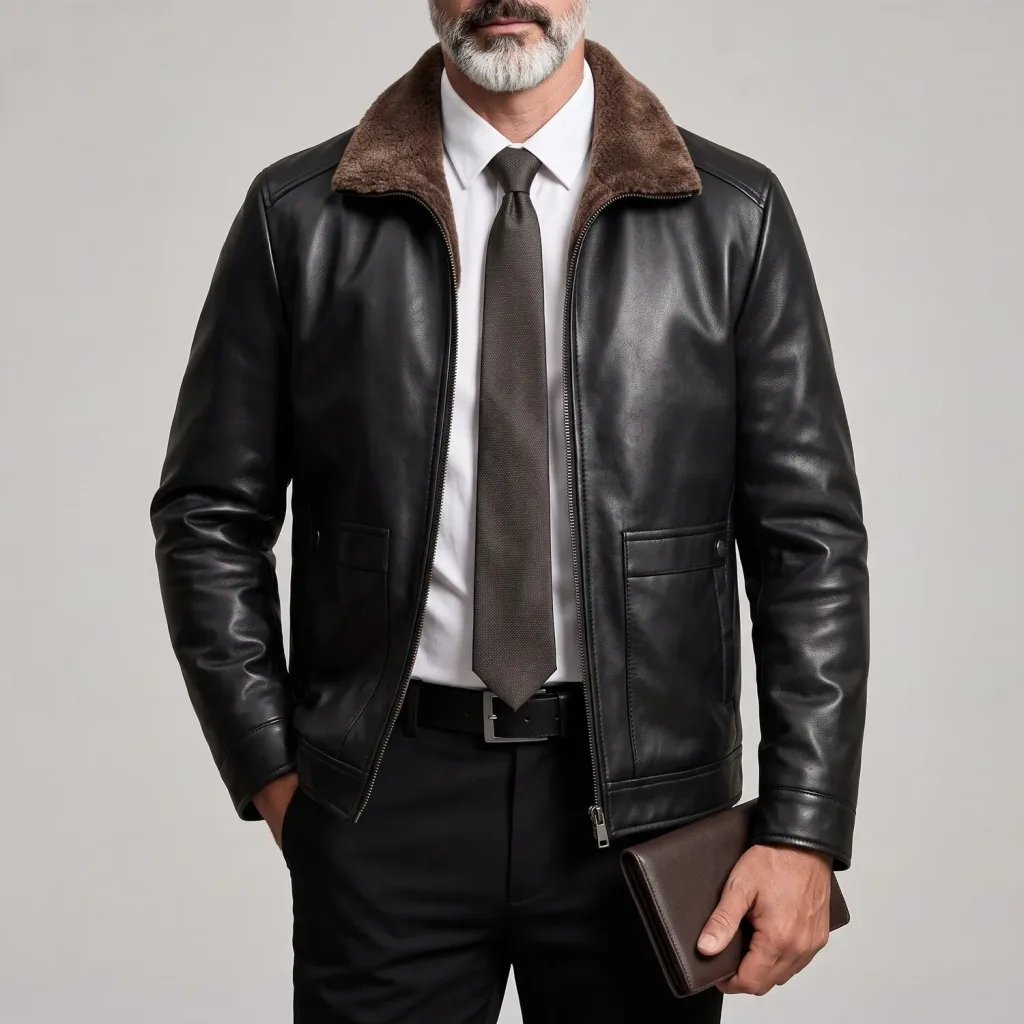Men's Vintage Solid Color Fuzzy Turndown Collar Fleece-Lined Zip-Up PU Leather Jacket