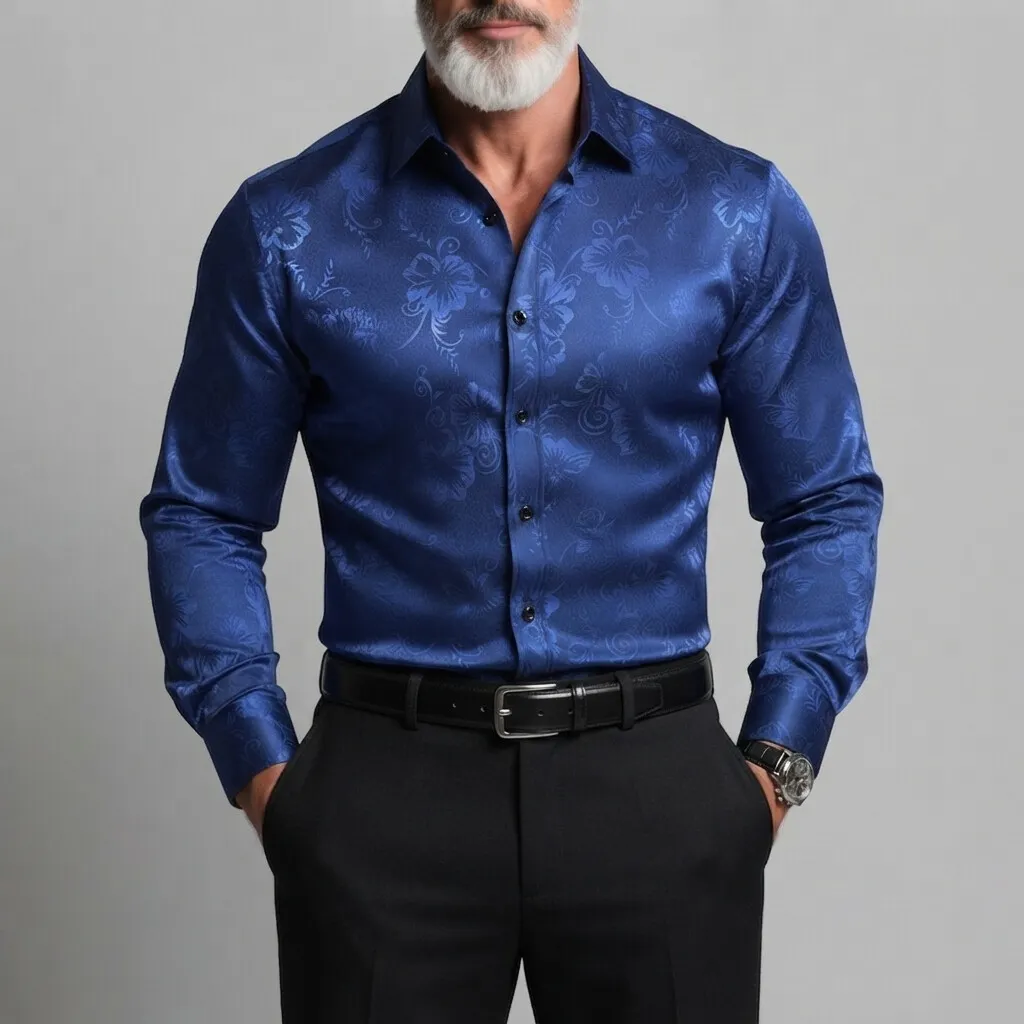 Men's Navy Blue Floral Print Button Up Business Casual Long Sleeve Shirt