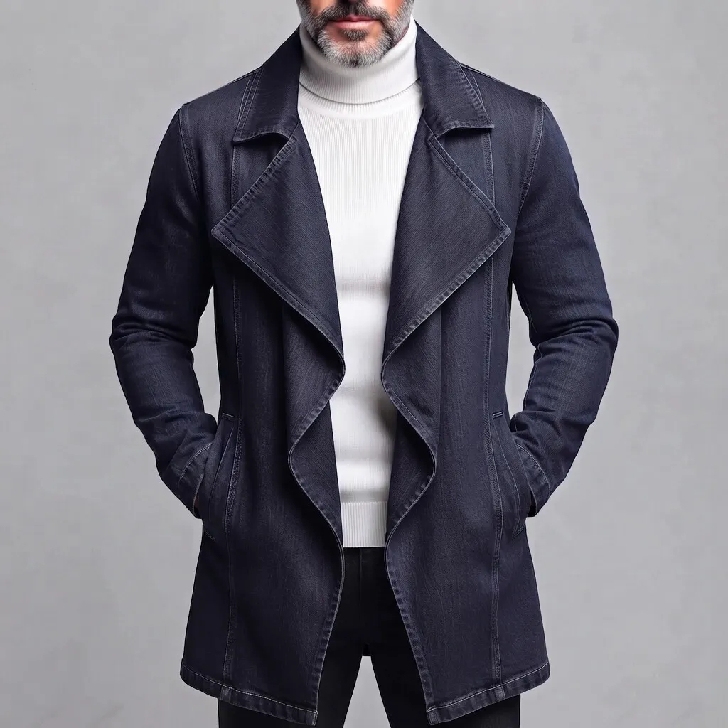 Men's Dark Blue Irregular Waterfall Collar Slant Pockets Open Front Denim-Like Jacket