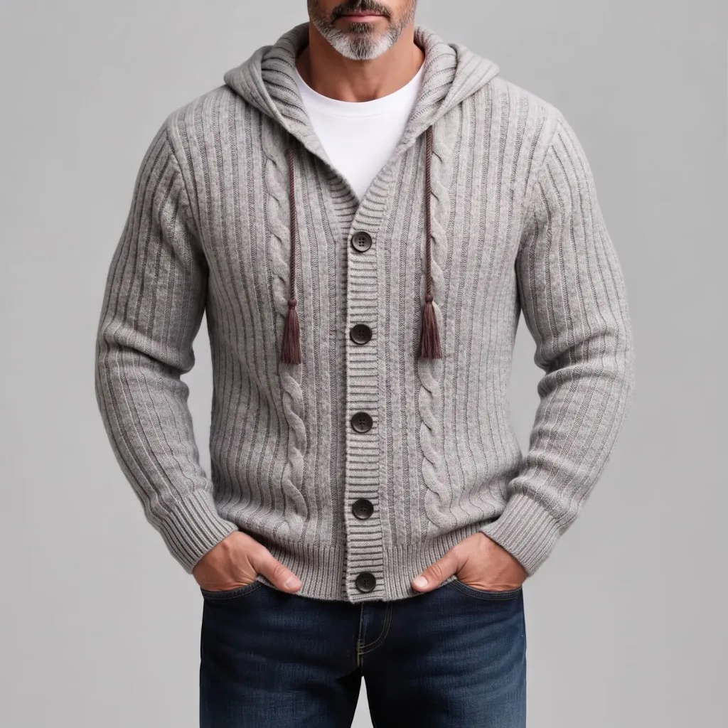 Men's Gray Twisted Texture Single Breasted Fringed Drawstring Ribbed Knit Hooded Cardigan