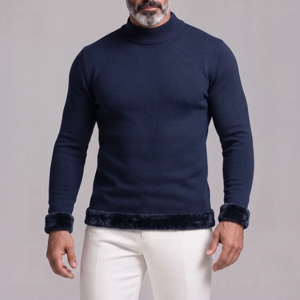 Men's Navy Blue Mock Neck Fleece-Lined Knitted Slim Fit Pullover Sweater