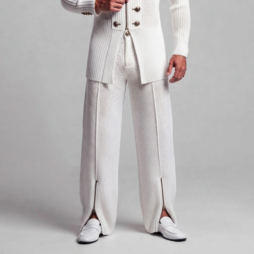 Men's White Ribbed Knit Ankle Zipper Slit Straight Wide Leg Pants