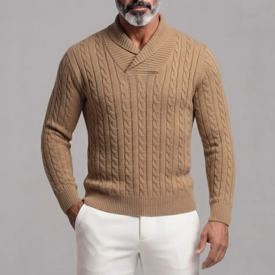 Men's Solid Color Cable Knit Shawl Collar Slim Fit Pullover Sweater