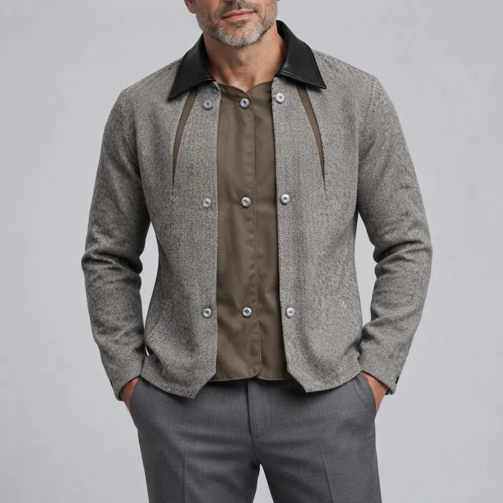 Men's Classic Gray Herringbone Pattern Patchwork Snap Buttons 2 in 1 Jacket
