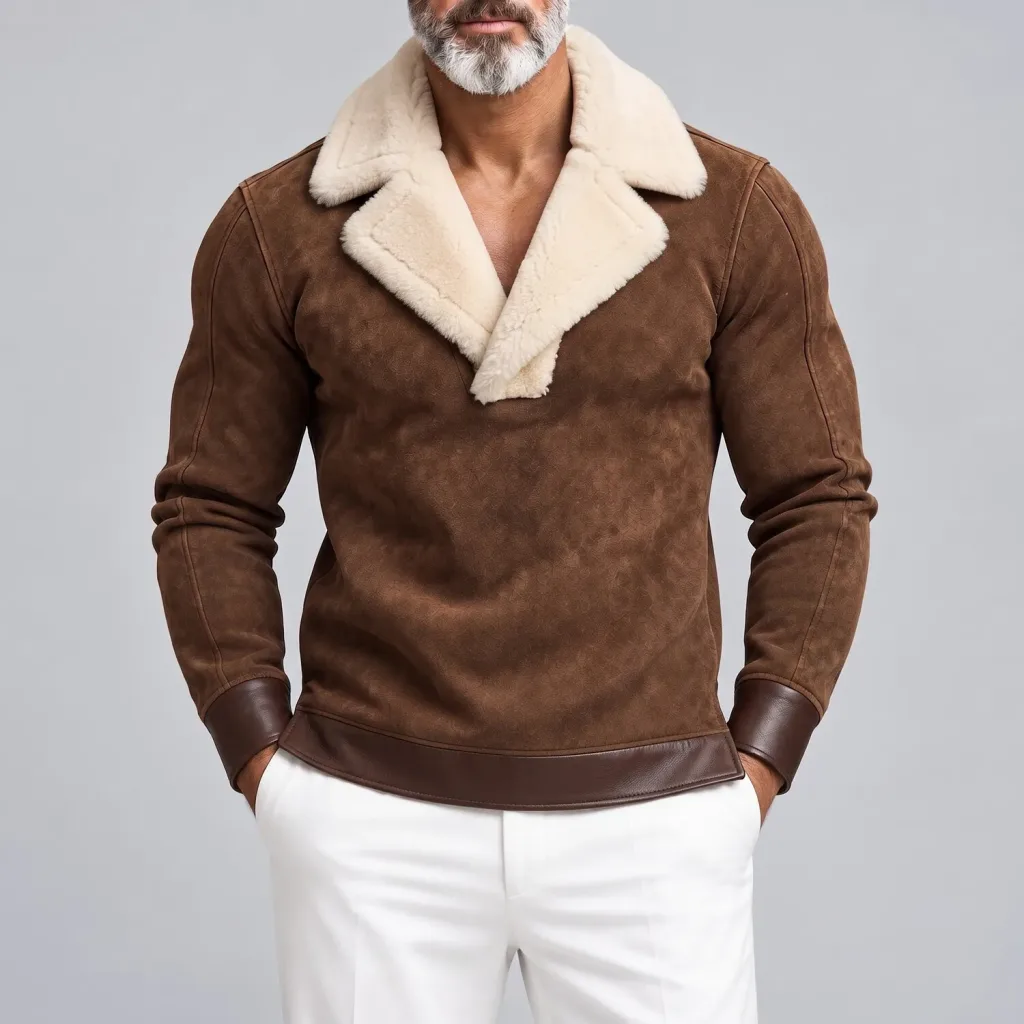 Men's Retro Brown Suede Contrast Fuzzy Collar with PU Leather Trim Pullover Polo Shirt