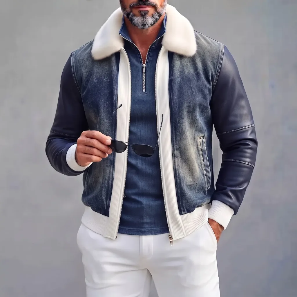 Men's Navy Blue Denim PU Leather Patchwork Contrast Trim Fuzzy Collar Zipper Jacket