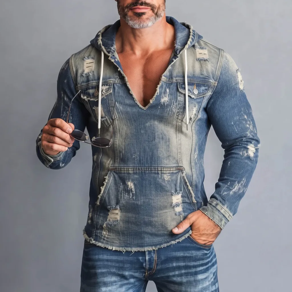 Men's Street Blue Washed Denim Ripped V-Neck Pockets Slim Fit Hoodie
