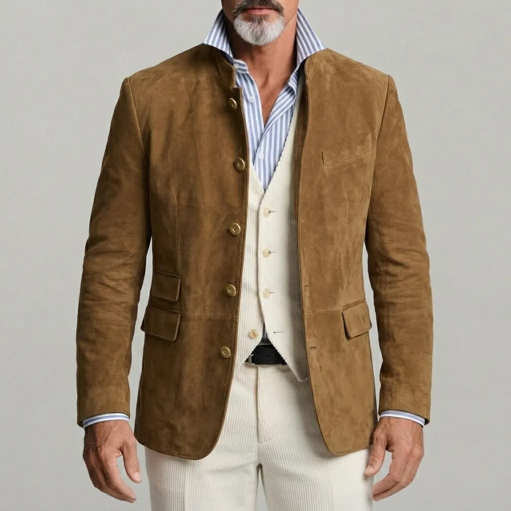Men's Retro Suede Stand Collar Single Breasted Solid Color Slim Fit Jacket