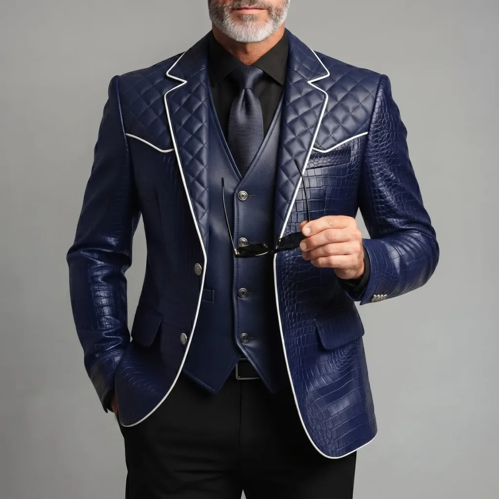 Men's Navy Blue PU Leather Contrast Piping Quilted Notch Lapel Slim Fit Blazer