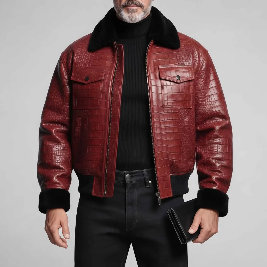 Men's Burgundy PU Leather Patchwork Fluffy Collar Flap Pockets Zip-Up Jacket