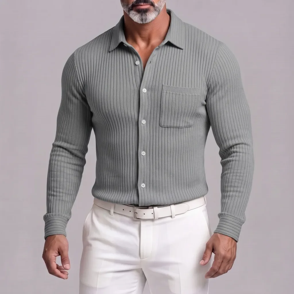 Men's Casual Ribbed Knit Single Breasted Chest Pocket Slim Fit Long Sleeve Shirt