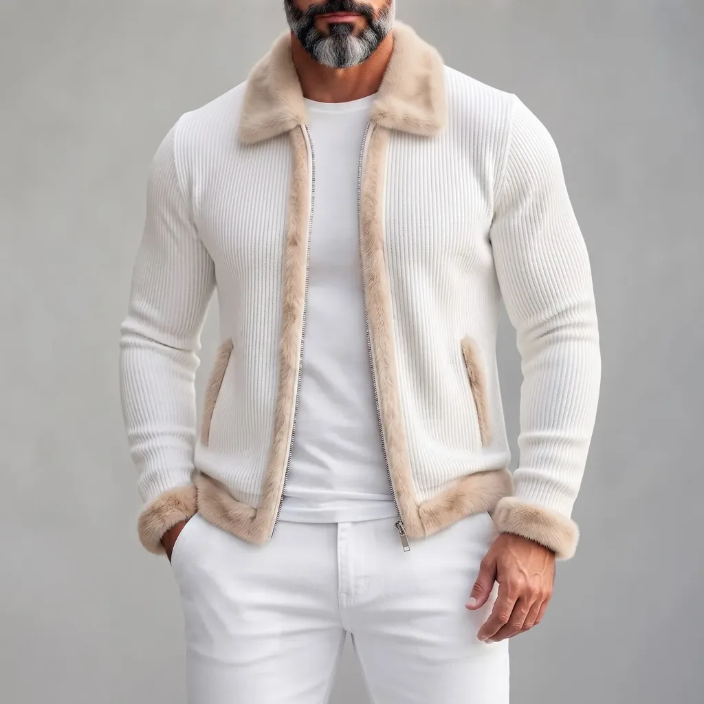 Men's White Ribbed Knit Spliced Fuzzy Collar Slant Pocket Slim Fit Zipper Jacket