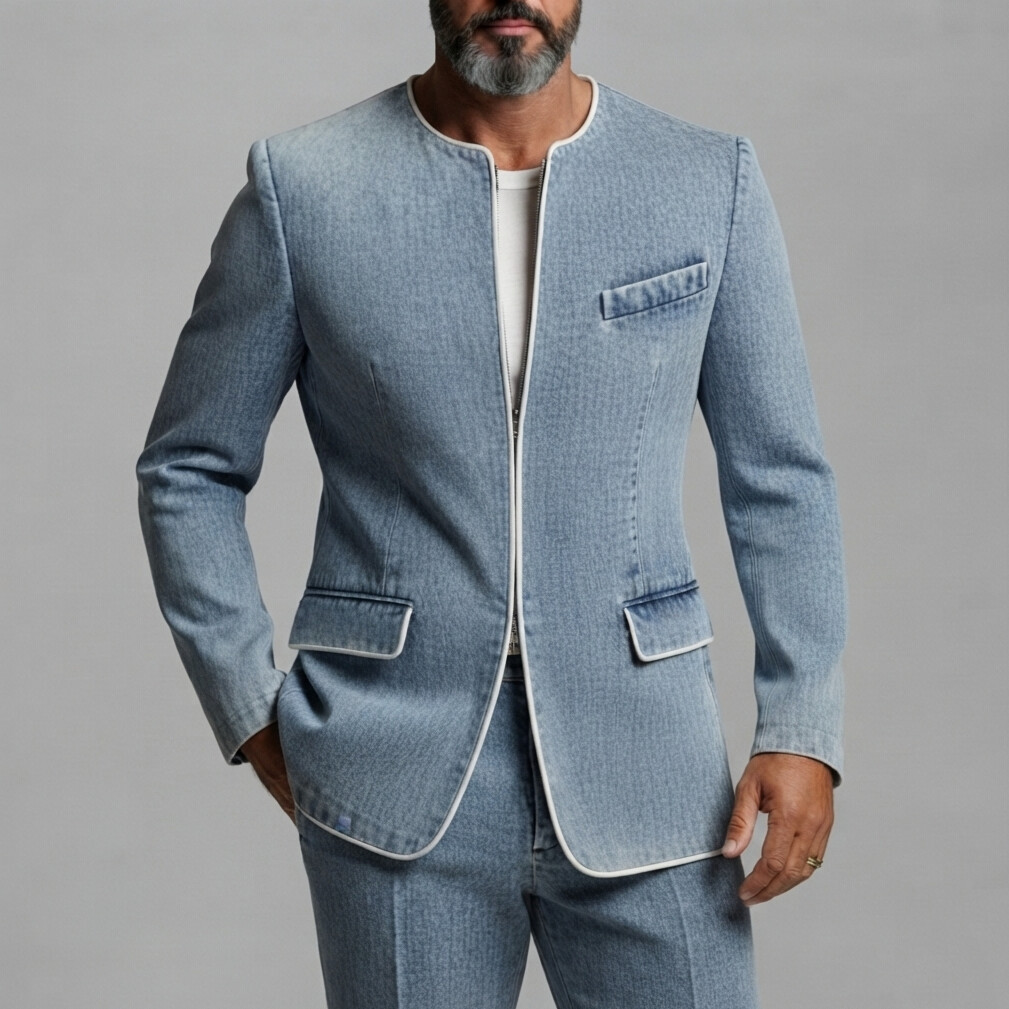 Men's Light Blue Round Neck Contrast Piping Zipper Closure Denim Jacket