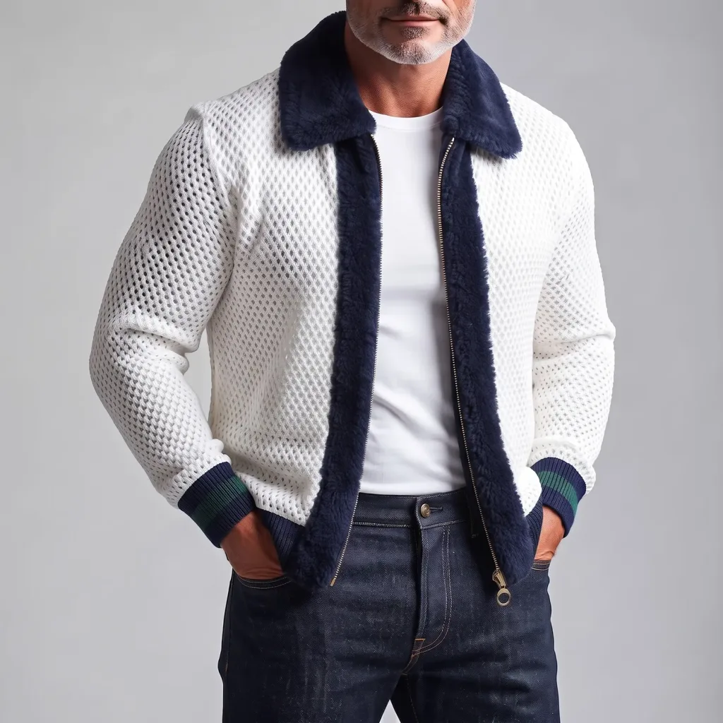 Men's Chic White Hollow Out Contrast Trim Fuzzy Collar Zip-Up Cardigan