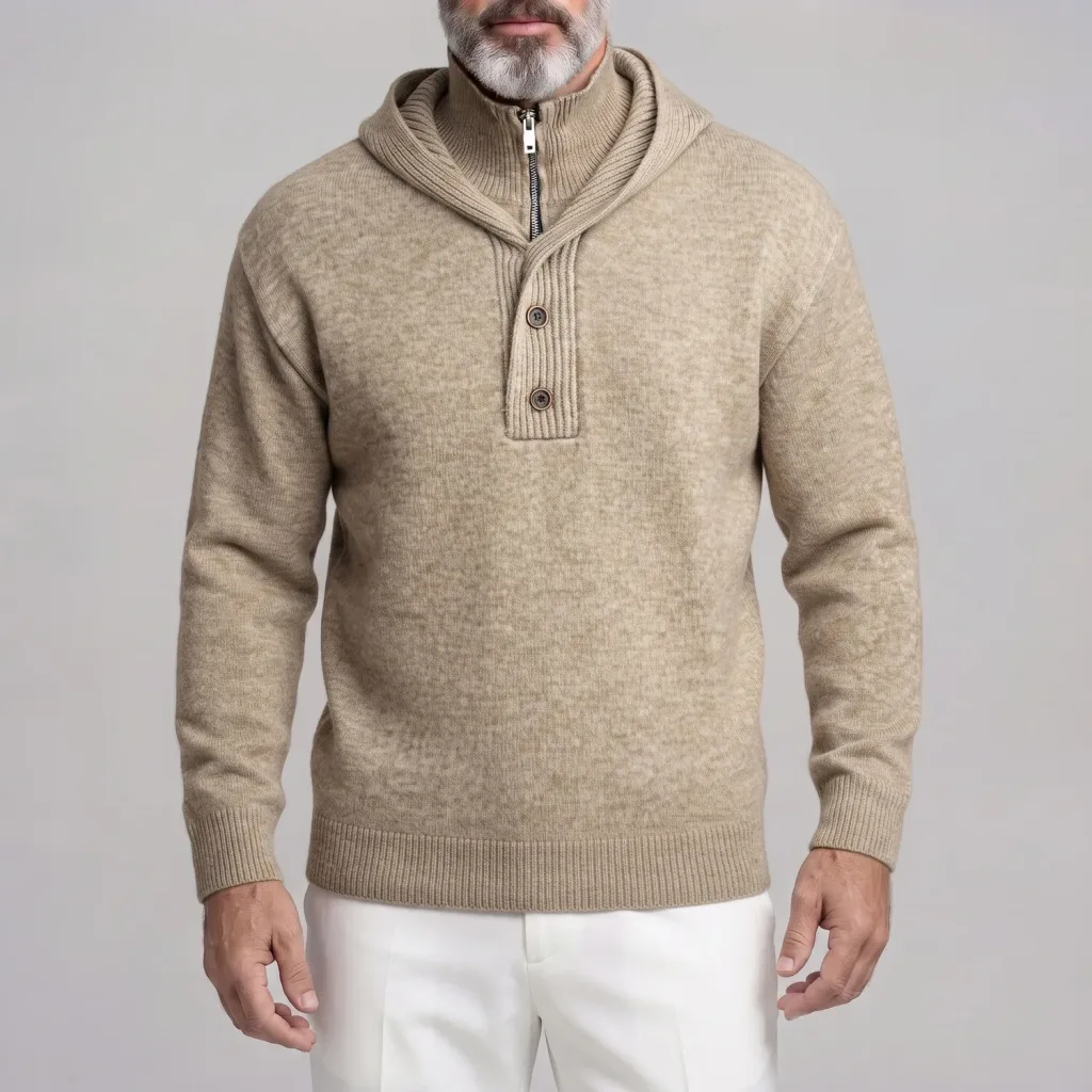 Men's Casual Solid Color Half Zip Button Placket Knitted Pullover Hoodie