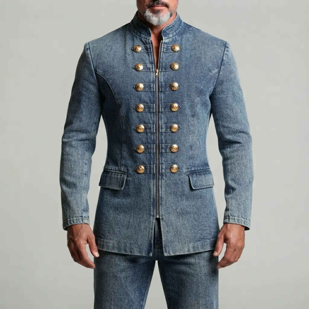 Men's Vintage Blue Denim Stand Collar Gold Buttons Slim Fit Zip-Up Jacket
